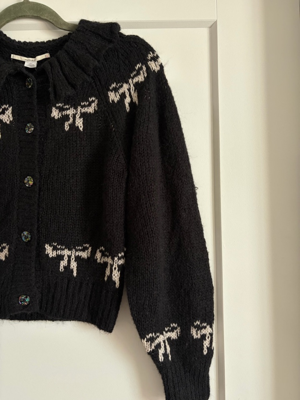Kimchi Blue Black Cardigan Sweater with Cream Bow Accents - Picture 3 of 4